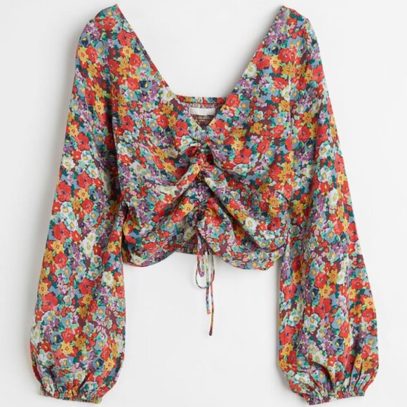 H&M Women's Blouse Viscose Crêpe V-neck Floral Top Drawstring in Front Sz L - Picture 1 of 12
